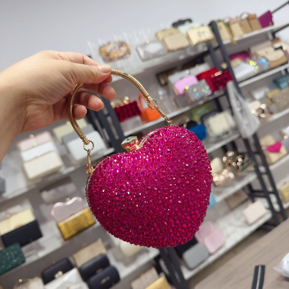 Eboo Luxury Heart Shape Crystal Clutch Bag for Women – Rhinestone Evening Party Handbag with Gold Handle