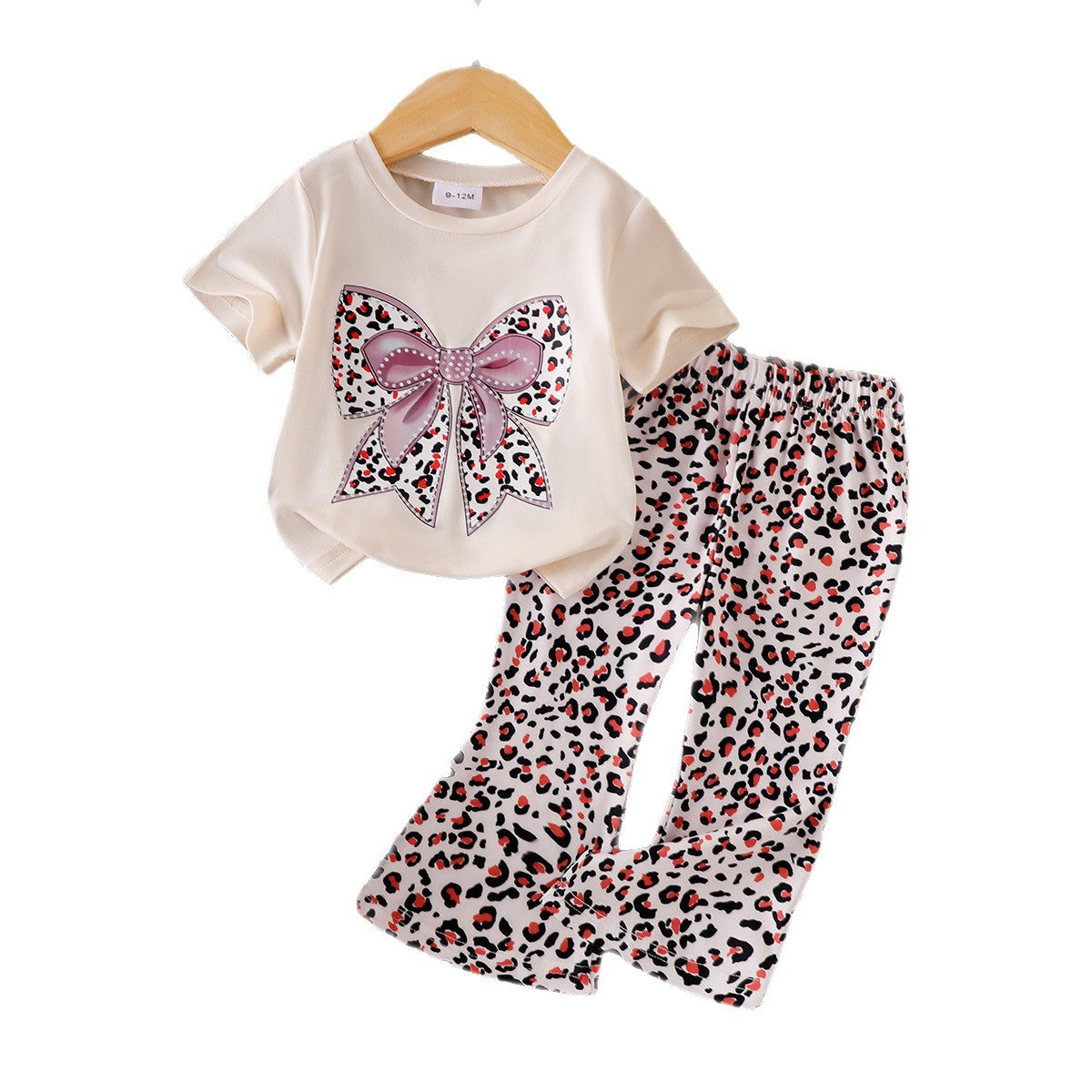 Eboo Baby Girls Bow Print T-Shirt & Leopard Print Flared Pants Co-Ord Set