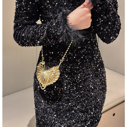 Eboo Luxury Heart Shell Metal Clutch Bag for Women – Elegant Party Crossbody Purse with Chain Strap