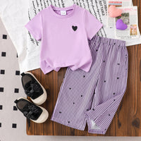 Eboo Baby Girls Lavender Heart T-Shirt & Striped Wide Leg Pants Co-Ord Set