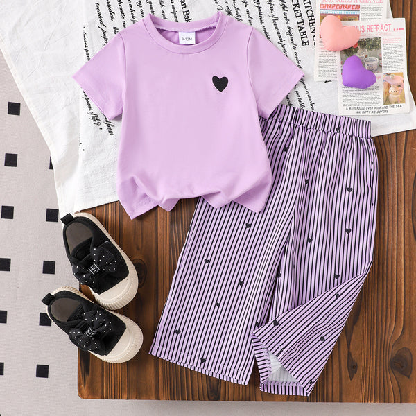 Eboo Baby Girls Lavender Heart T-Shirt & Striped Wide Leg Pants Co-Ord Set