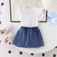 Eboo Girls Denim Bow Skirt & Ribbed Ruffle Sleeve Top 2-Piece Outfit Set