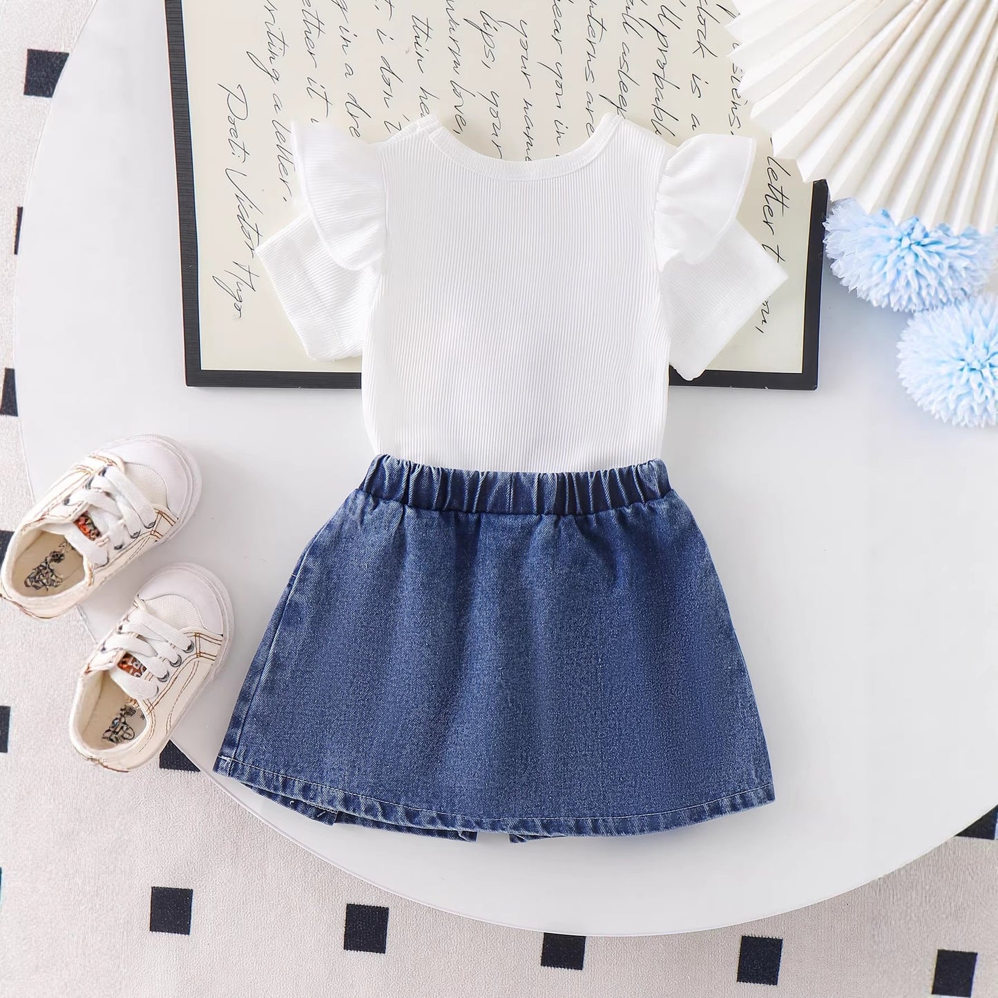 Eboo Girls Denim Bow Skirt & Ribbed Ruffle Sleeve Top 2-Piece Outfit Set