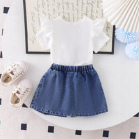 Eboo Girls Denim Bow Skirt & Ribbed Ruffle Sleeve Top 2-Piece Outfit Set