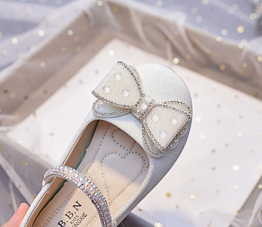 Eboo Girls Wedding Dress Shoes Bowknot Ballet Flats Flower Shoes with Glitter Strap