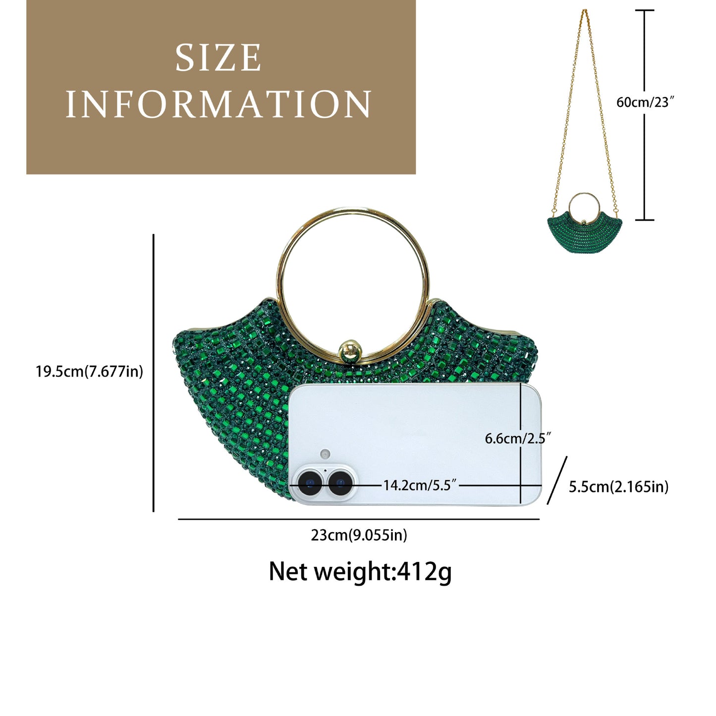 Eboo Luxury Crystal Crescent Clutch Bag for Women – Rhinestone Evening Party Handbag with Ring Handle