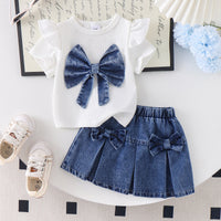 Eboo Girls Denim Bow Skirt & Ribbed Ruffle Sleeve Top 2-Piece Outfit Set