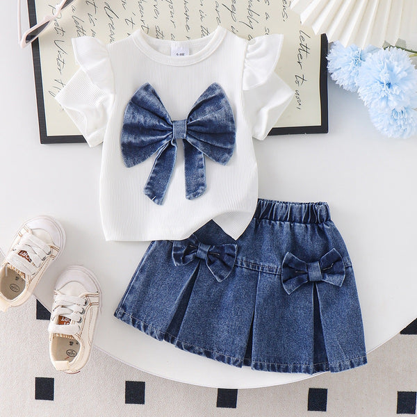 Eboo Girls Denim Bow Skirt & Ribbed Ruffle Sleeve Top 2-Piece Outfit Set
