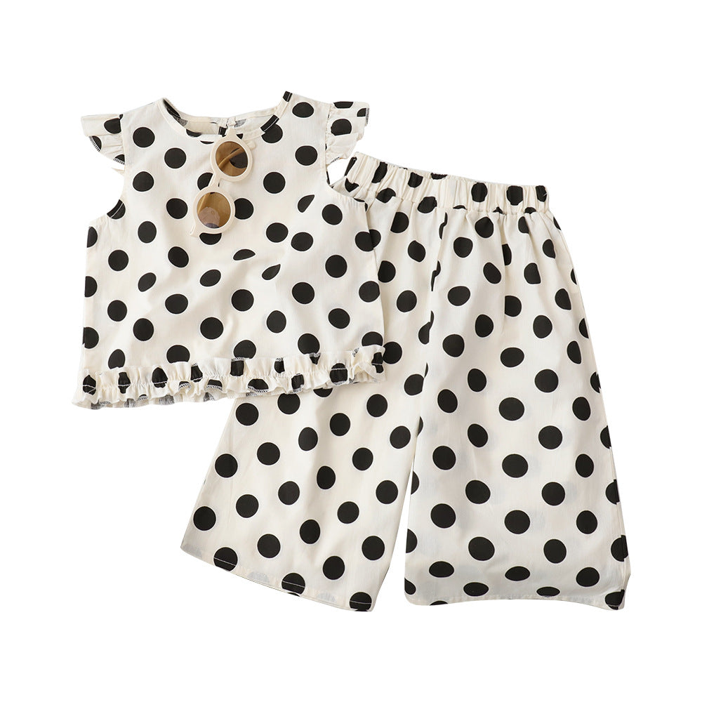 Eboo Baby Girls Black & White Polka Dot Flutter Sleeve Top & Wide Leg Pants Co-Ord Set
