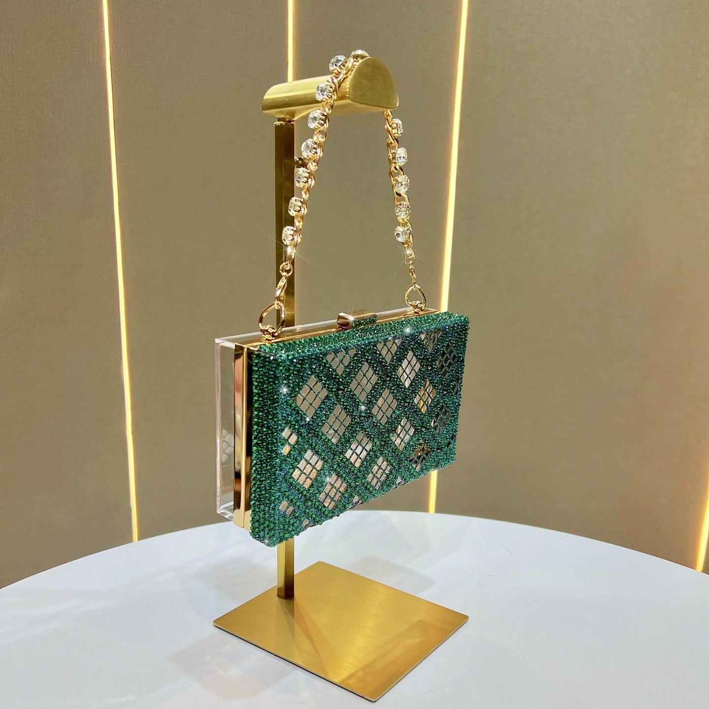 Eboo Luxury Crystal Box Clutch for Women – Rhinestone Evening Party Handbag with Gold Chain
