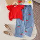 Eboo Baby Girl Cherry Denim Outfit – Ruffle Sleeve Top & Embroidered Wide-Leg Jeans (2-Piece Set)