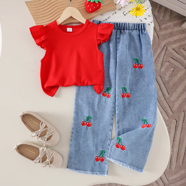 Eboo Baby Girl Cherry Denim Outfit Ã¢?? Ruffle Sleeve Top & Embroidered Wide-Leg Jeans (2-Piece Set)