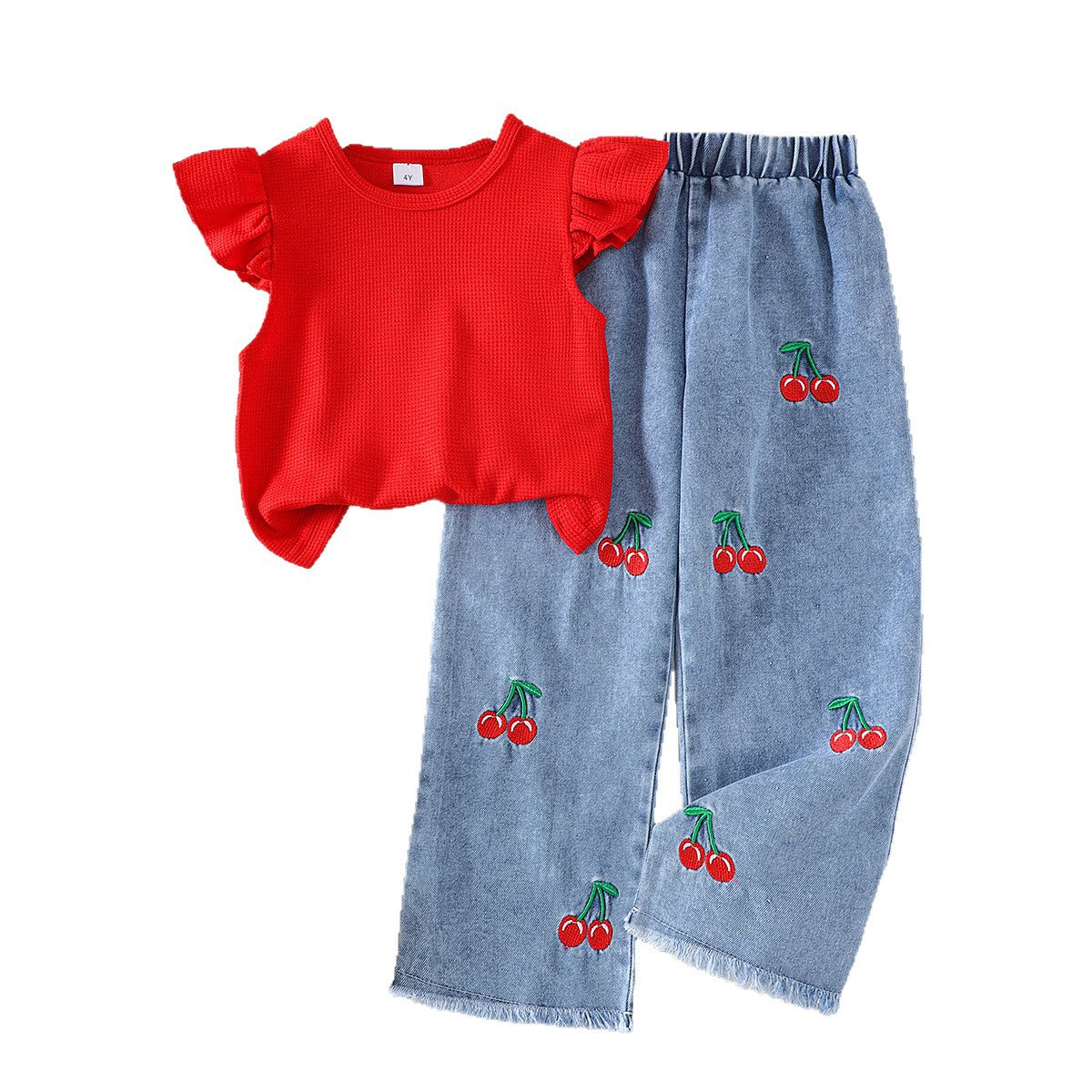 Eboo Baby Girl Cherry Denim Outfit – Ruffle Sleeve Top & Embroidered Wide-Leg Jeans (2-Piece Set)