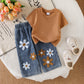 Eboo Baby Girl Floral Denim Shorts Set – Ribbed Cotton T-Shirt & Embroidered Flower Denim Shorts (2-Piece Outfit)