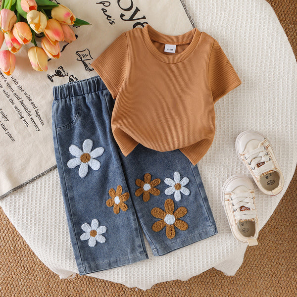 Eboo Baby Girl Floral Denim Shorts Set Ã¢?? Ribbed Cotton T-Shirt & Embroidered Flower Denim Shorts (2-Piece Outfit)