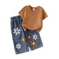 Eboo Baby Girl Floral Denim Shorts Set – Ribbed Cotton T-Shirt & Embroidered Flower Denim Shorts (2-Piece Outfit)