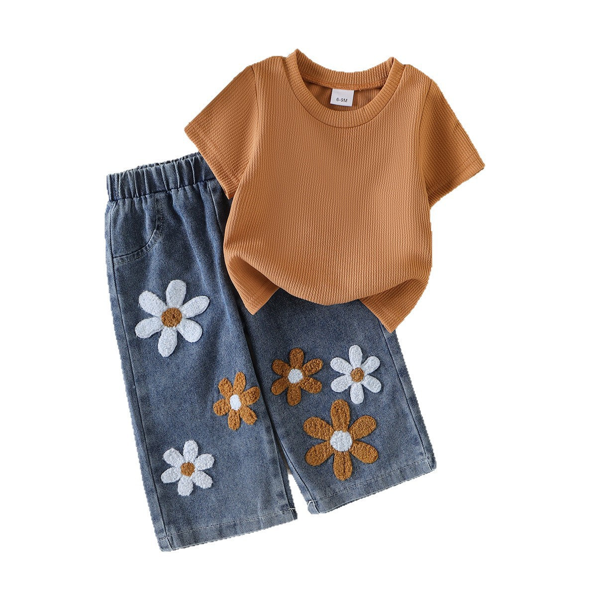 Eboo Baby Girl Floral Denim Shorts Set – Ribbed Cotton T-Shirt & Embroidered Flower Denim Shorts (2-Piece Outfit)