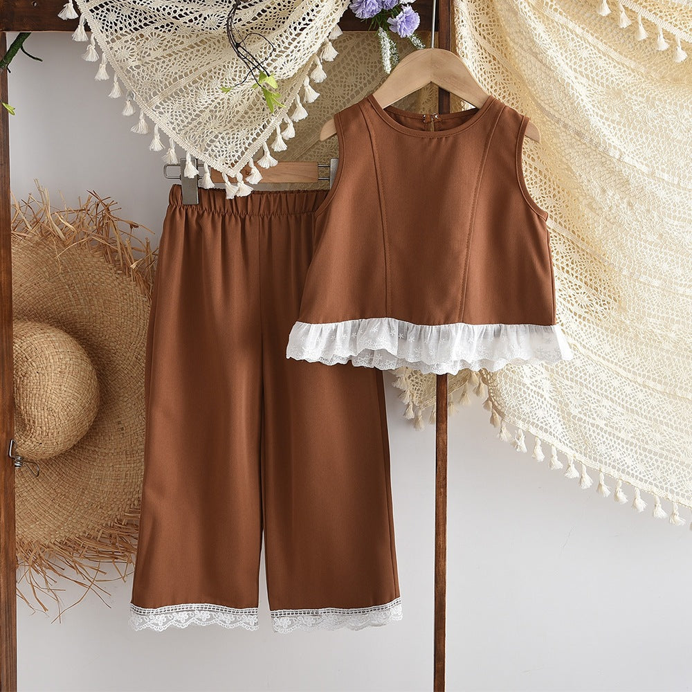 Eboo Baby Girls Brown Sleeveless Lace Hem Top & Wide Leg Pants Co-Ord Set