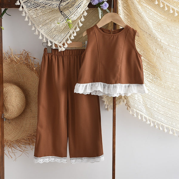 Eboo Baby Girls Brown Sleeveless Lace Hem Top & Wide Leg Pants Co-Ord Set