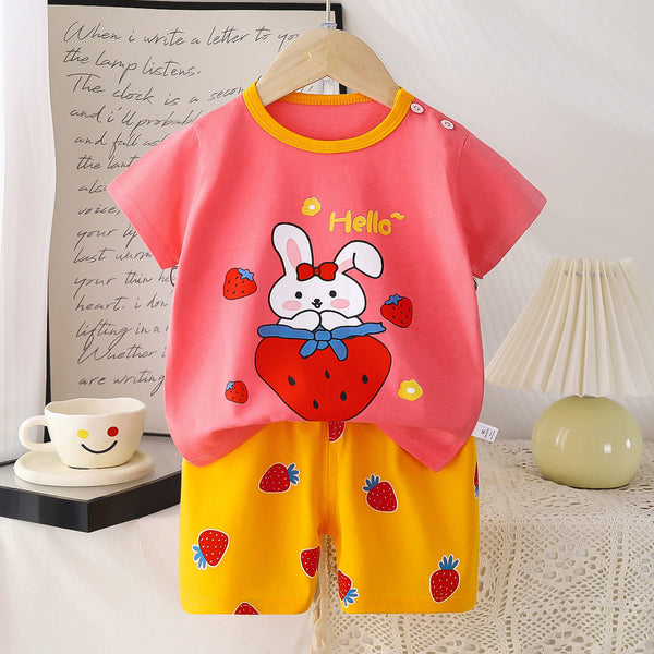 Eboo Kids Cute Bunny & Strawberry Summer T-Shirt & Shorts 2-Piece Outfit Set Unisex