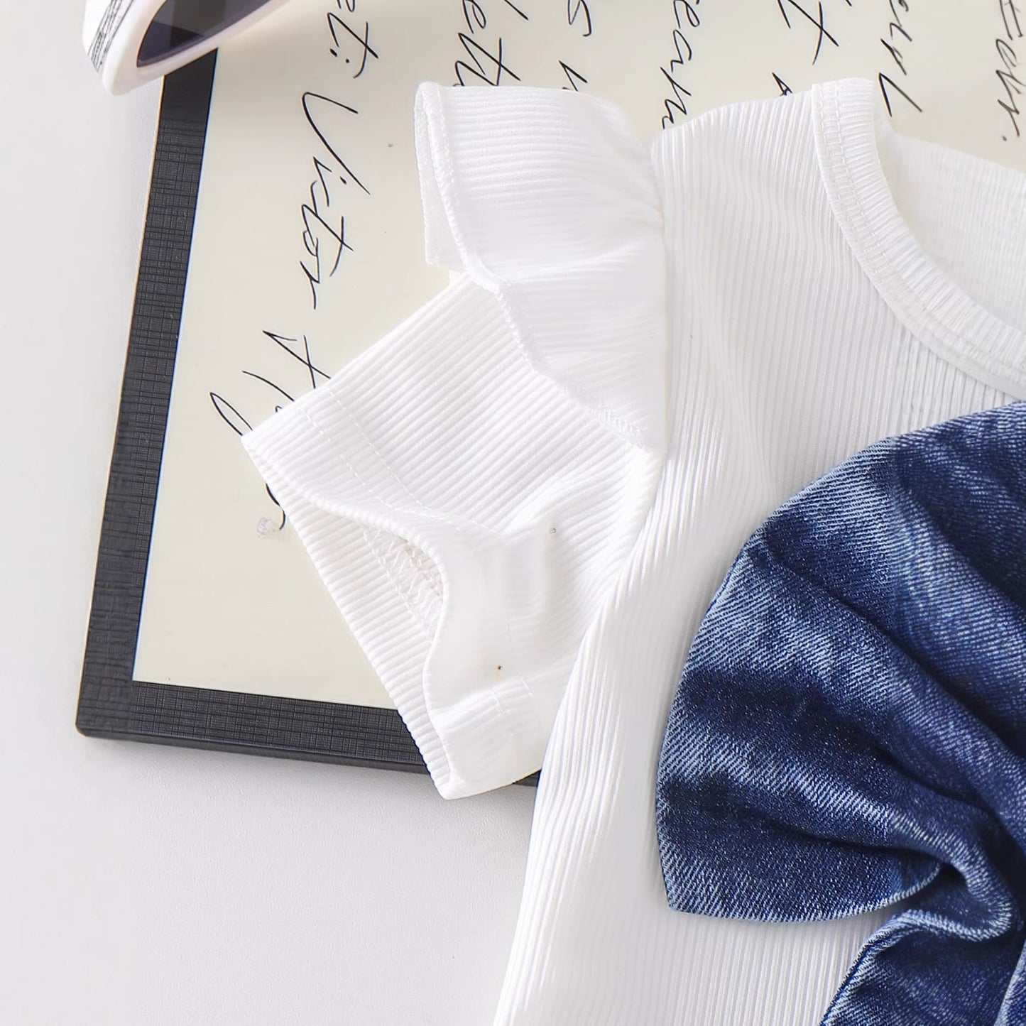 Eboo Girls Denim Bow Skirt & Ribbed Ruffle Sleeve Top 2-Piece Outfit Set