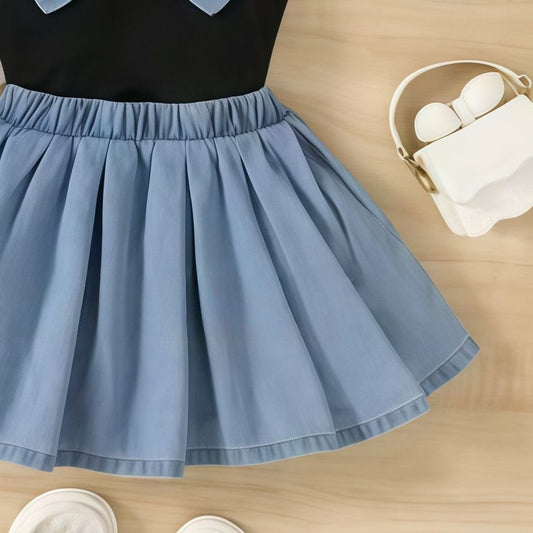 Eboo Baby Girls Black & Blue Bow Sleeveless Top with Flared Skirt – 2-Piece Outfit Set