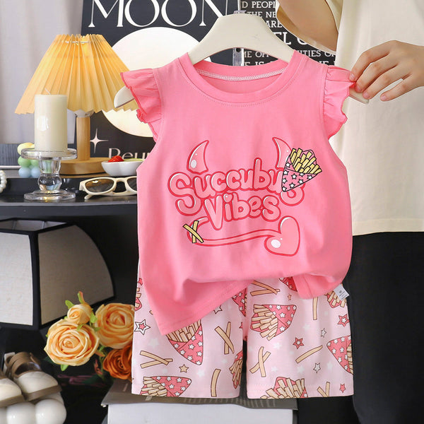 Eboo Baby Girl Summer Cotton 2-Piece Outfit Ã¢?? Pink "Succuby Vibes" Sleeveless Top & Printed Shorts Set