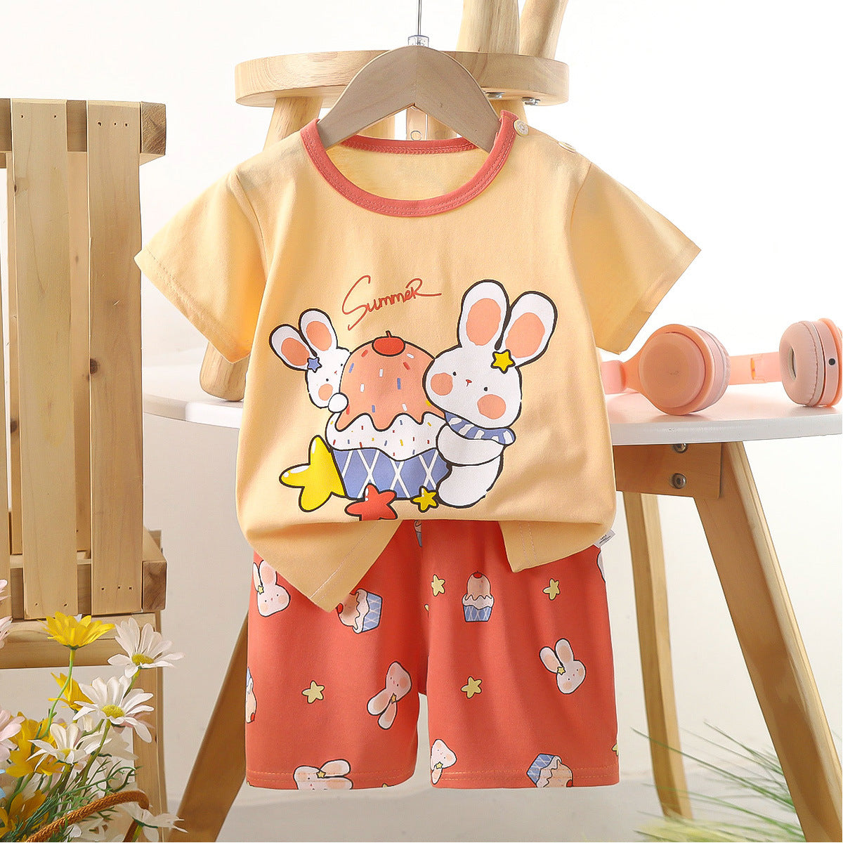 Eboo Kids Cute Bunny Print Summer T-Shirt & Shorts 2-Piece Outfit Set Unisex
