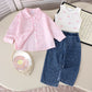 Eboo Baby Girl 3-Piece Fashion Outfit – Striped Shirt, Ribbed Bow Tank Top & Rhinestone Denim Pants Set