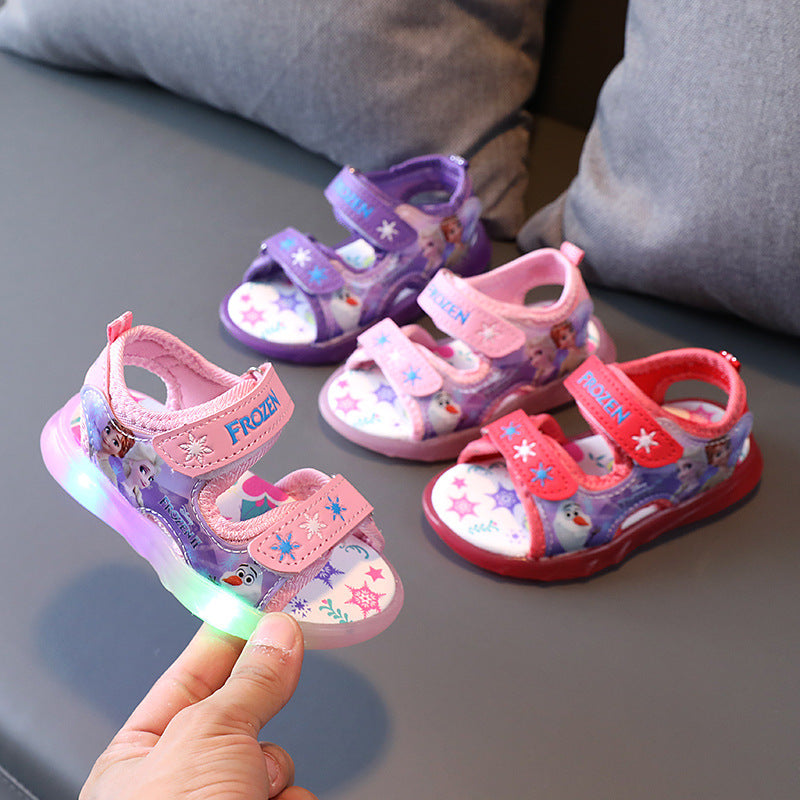 Baby Girl Sandals Cartoon Princess Print Children LED Light Up Sandals