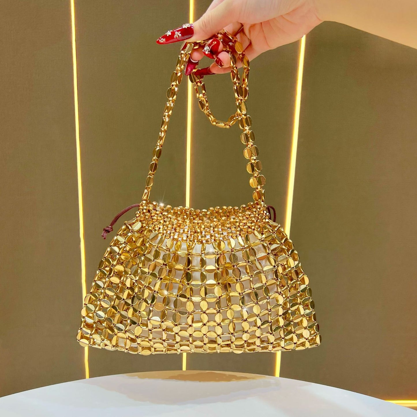 Eboo Luxury Crystal Mesh Shoulder Bag for Women – Metallic Party Handbag