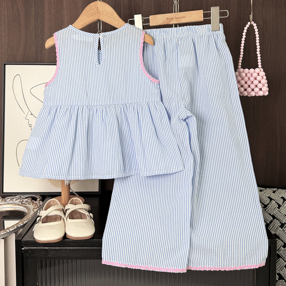 Eboo Eboo Baby Girls Blue Striped Bow Sleeveless Top & Wide Leg Pants Co-Ord Set