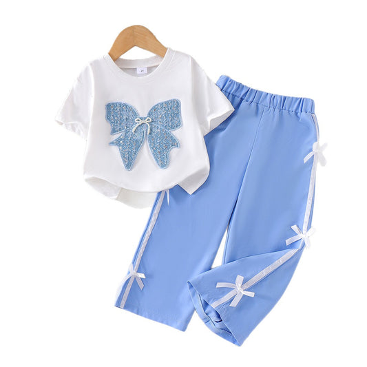 Eboo Baby Girl Bow Appliqué T-Shirt & Ribbon Pants 2-Piece Summer Outfit Set