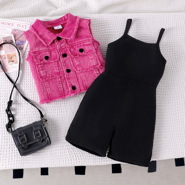 Eboo Baby Girl 2-Piece Ribbed Romper with Pink Denim Vest Ã¢?? Trendy Summer Outfit Set