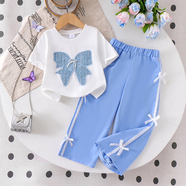 Eboo Baby Girl Bow AppliquÃ?Â© T-Shirt & Ribbon Pants 2-Piece Summer Outfit Set