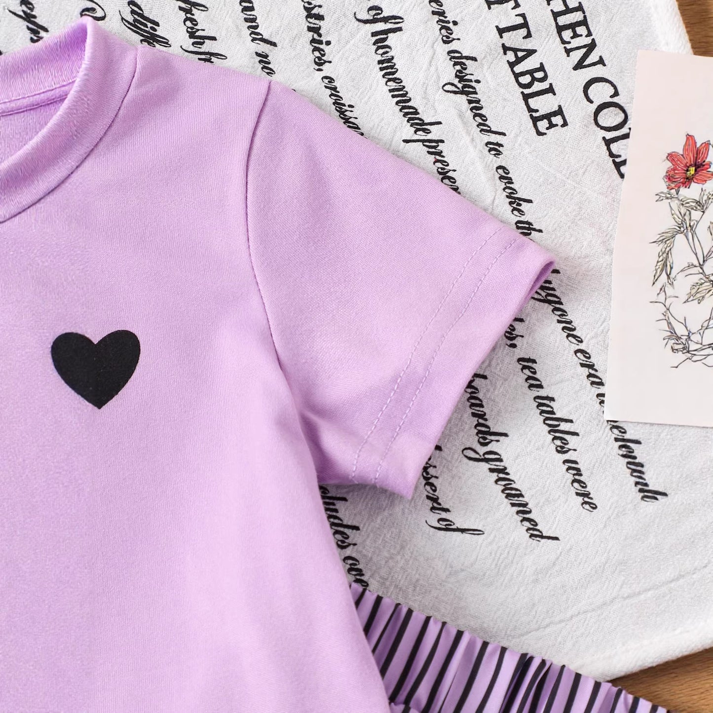 Eboo Baby Girls Lavender Heart T-Shirt & Striped Wide Leg Pants Co-Ord Set