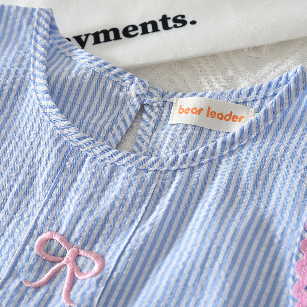 Eboo Eboo Baby Girls Blue Striped Bow Sleeveless Top & Wide Leg Pants Co-Ord Set