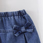 Eboo Girls Denim Bow Skirt & Ribbed Ruffle Sleeve Top 2-Piece Outfit Set