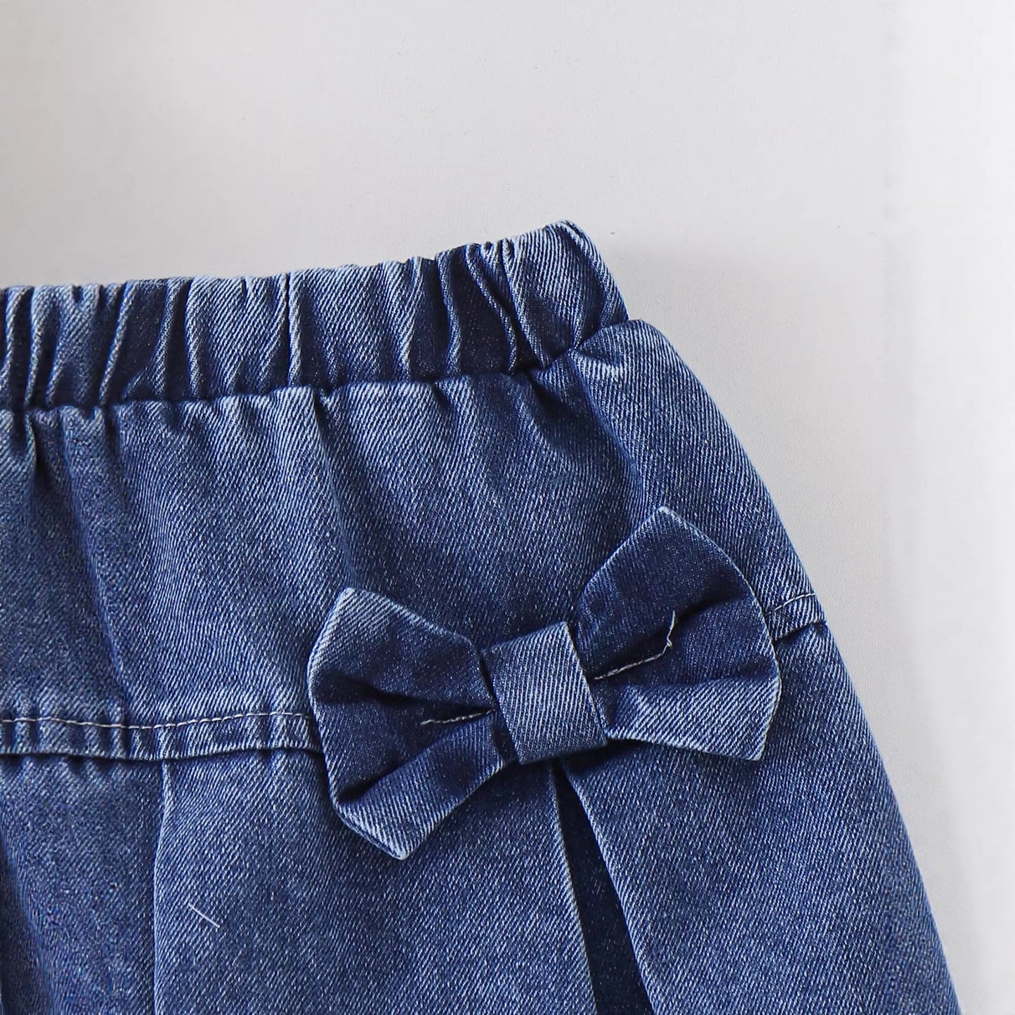 Eboo Girls Denim Bow Skirt & Ribbed Ruffle Sleeve Top 2-Piece Outfit Set
