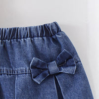 Eboo Girls Denim Bow Skirt & Ribbed Ruffle Sleeve Top 2-Piece Outfit Set