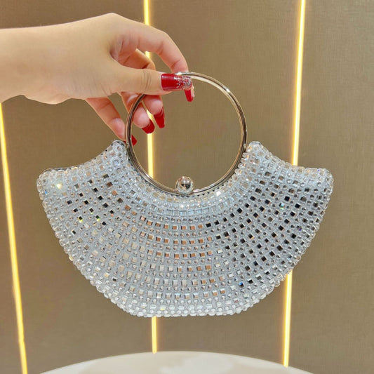 Eboo Luxury Crystal Crescent Clutch Bag for Women – Rhinestone Evening Party Handbag with Ring Handle