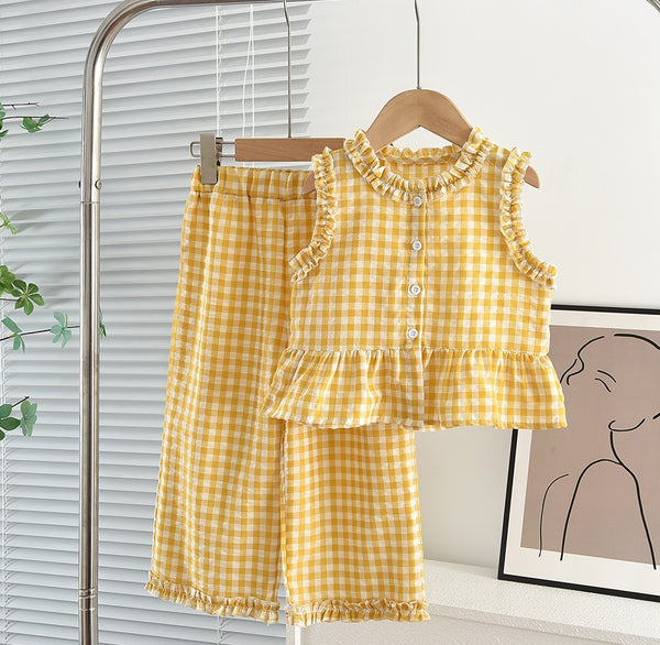 Eboo Baby Girls Checkered Sleeveless Frill Top & Wide Leg Pants Co-Ord Set