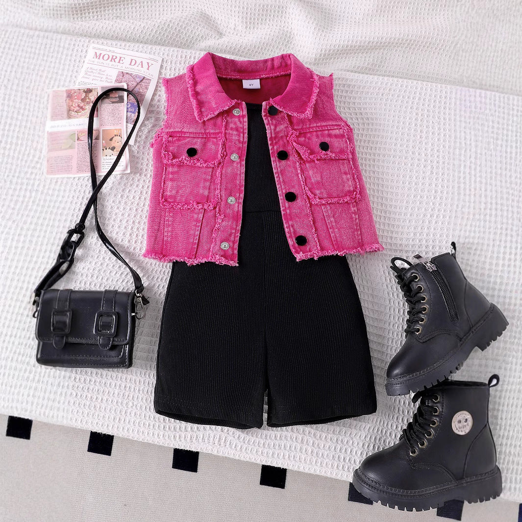 Eboo Baby Girl 2-Piece Ribbed Romper with Pink Denim Vest – Trendy Summer Outfit Set