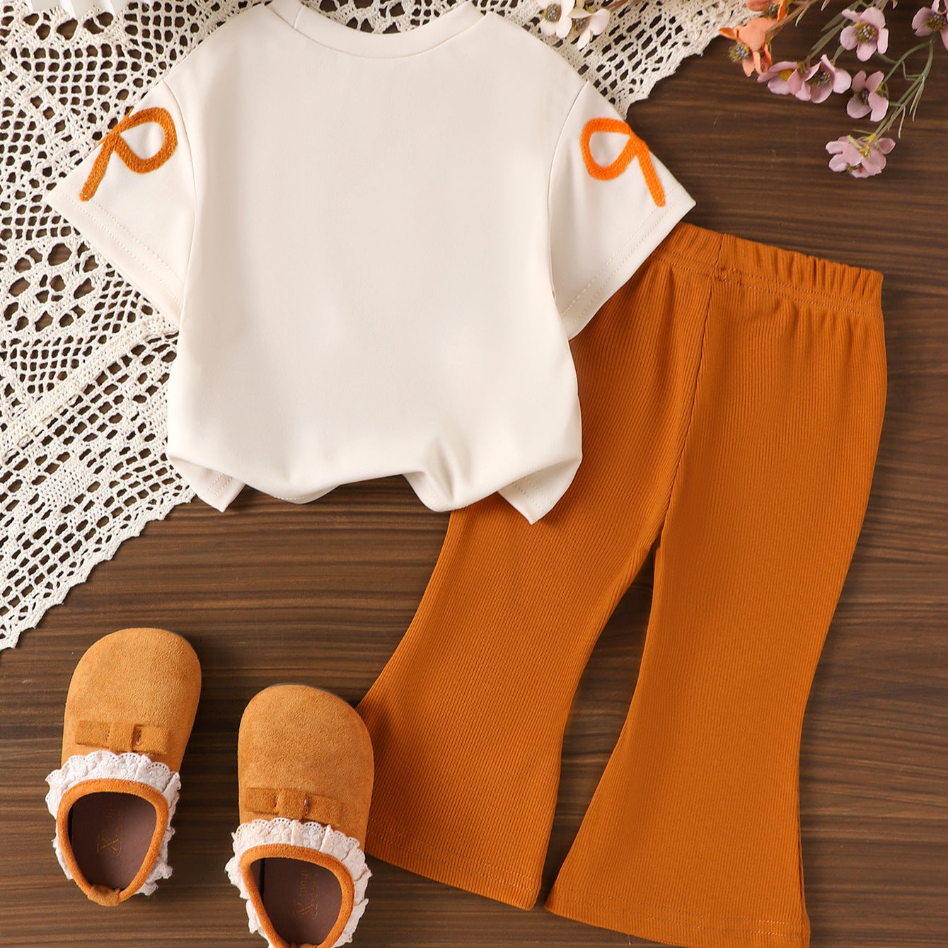 Eboo Baby Girl Bow Applique Summer Outfit – 2-Piece T-Shirt & Flared Pants Set