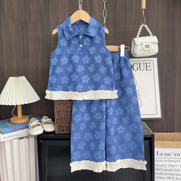 Eboo Baby Girls Blue Floral Sleeveless Collar Top & Wide Leg Pants Co-Ord Set