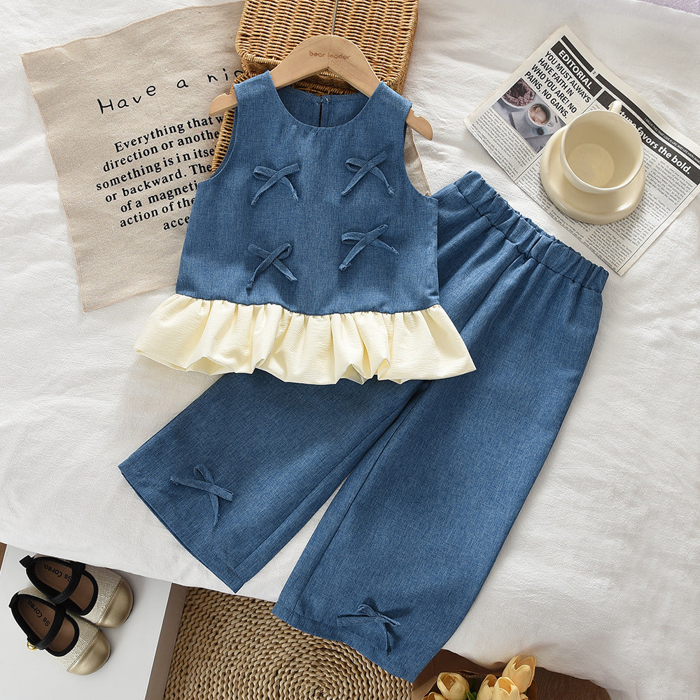 Eboo Baby Girls Denim Blue Bow Sleeveless Top & Wide Leg Pants Co-Ord Set
