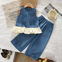 Eboo Baby Girls Denim Blue Bow Sleeveless Top & Wide Leg Pants Co-Ord Set