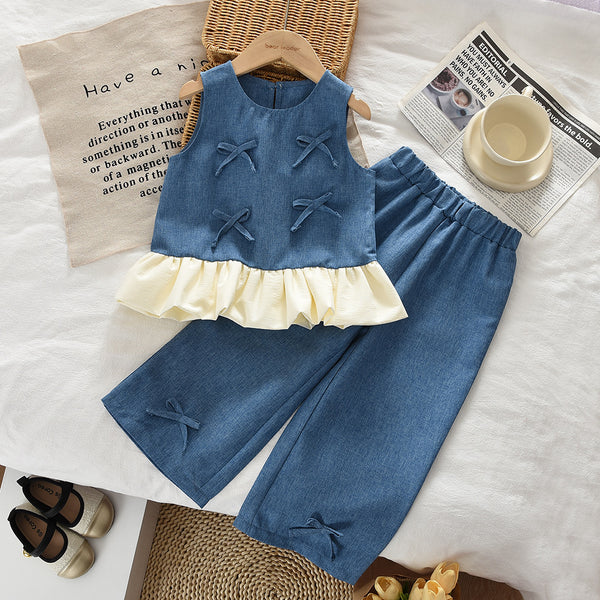 Eboo Baby Girls Denim Blue Bow Sleeveless Top & Wide Leg Pants Co-Ord Set