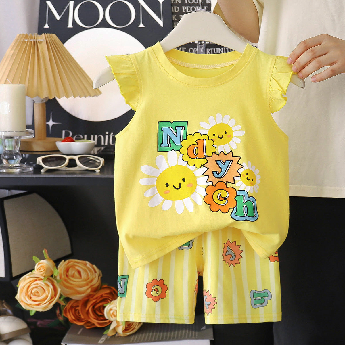 Eboo Baby Girl Summer Cotton 2-Piece Outfit – Yellow Daisy Sleeveless Top & Striped Shorts Set