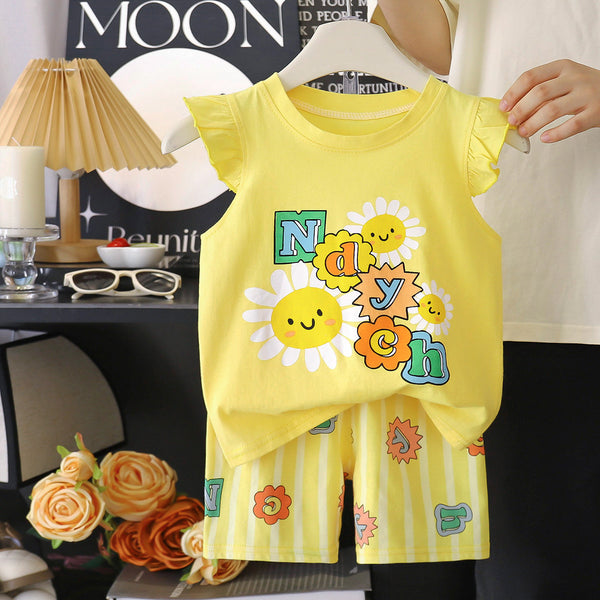 Eboo Baby Girl Summer Cotton 2-Piece Outfit Ã¢?? Yellow Daisy Sleeveless Top & Striped Shorts Set